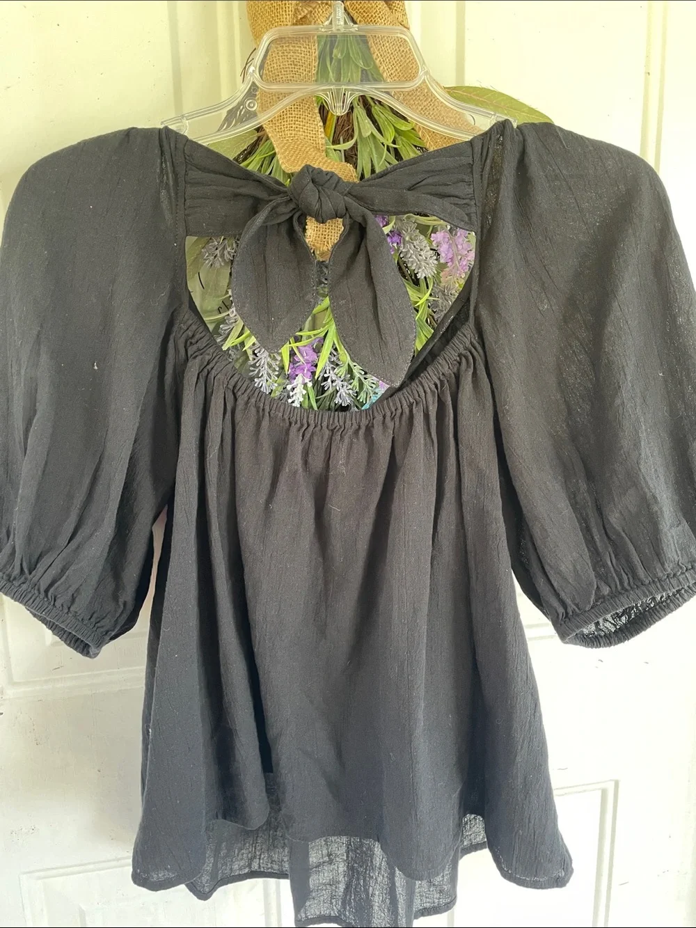 Old Navy Black Gathered Peasant Top with Puff Sleeves